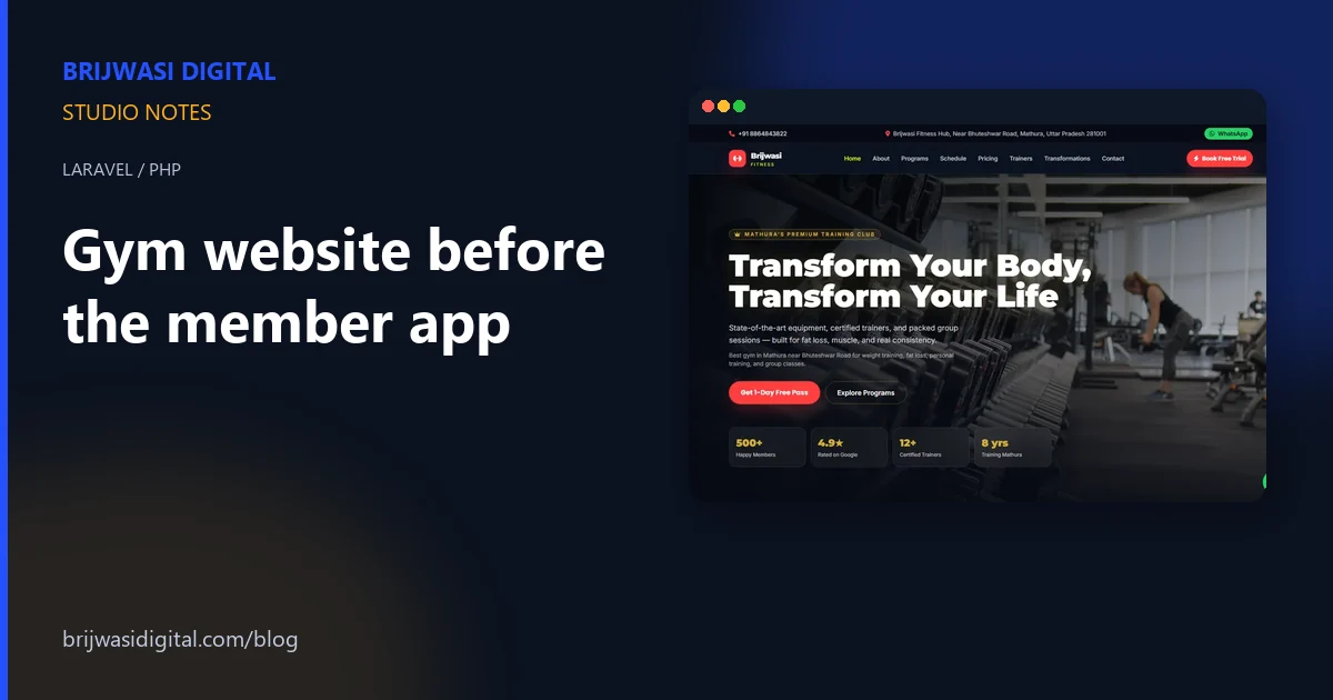 Brijwasi Fitness website — Laravel gym schedule and free-trial leads for Mathura