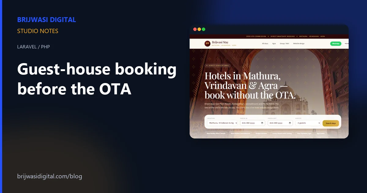 Brijwasi Stay hotel booking website — Laravel guest-house enquiry before an OTA
