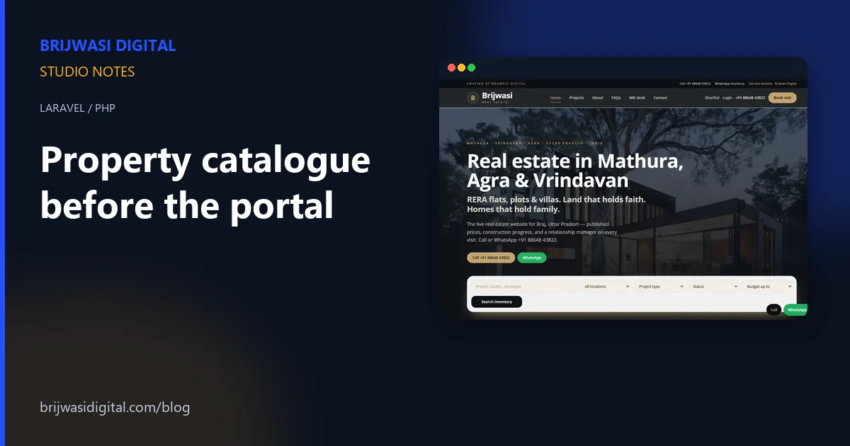 Brijwasi Real Estate website — Laravel RERA catalogue for Mathura, Agra and Vrindavan
