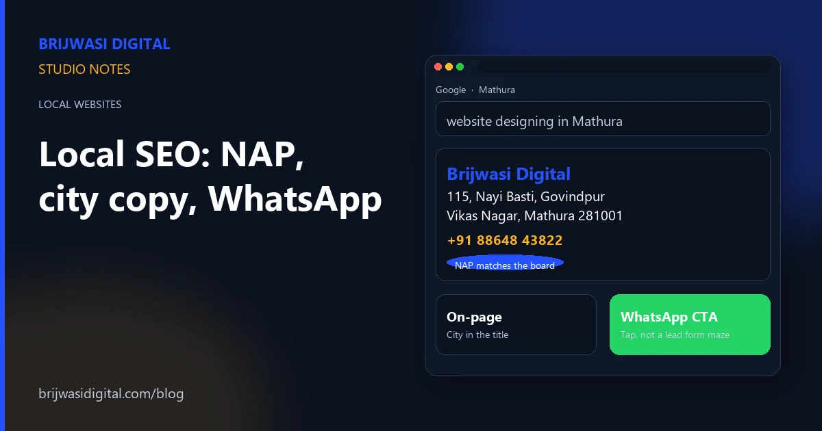 Local SEO in Mathura: matching NAP, city search copy and a WhatsApp button