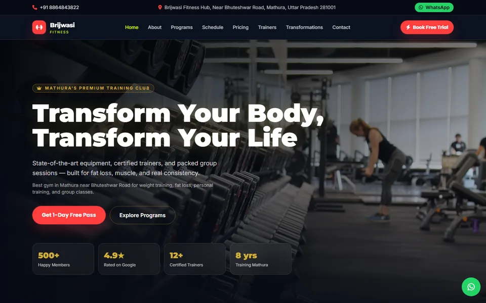 Brijwasi Fitness gym website — Laravel schedule, pricing and free-trial leads