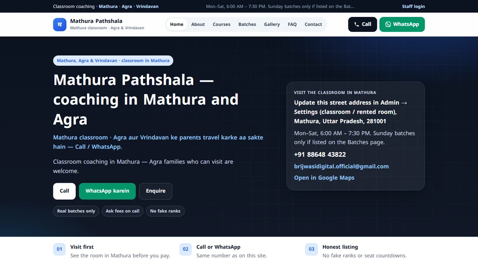 Mathura Pathshala coaching website in Mathura — Laravel courses, batches, Call and WhatsApp for Agra families