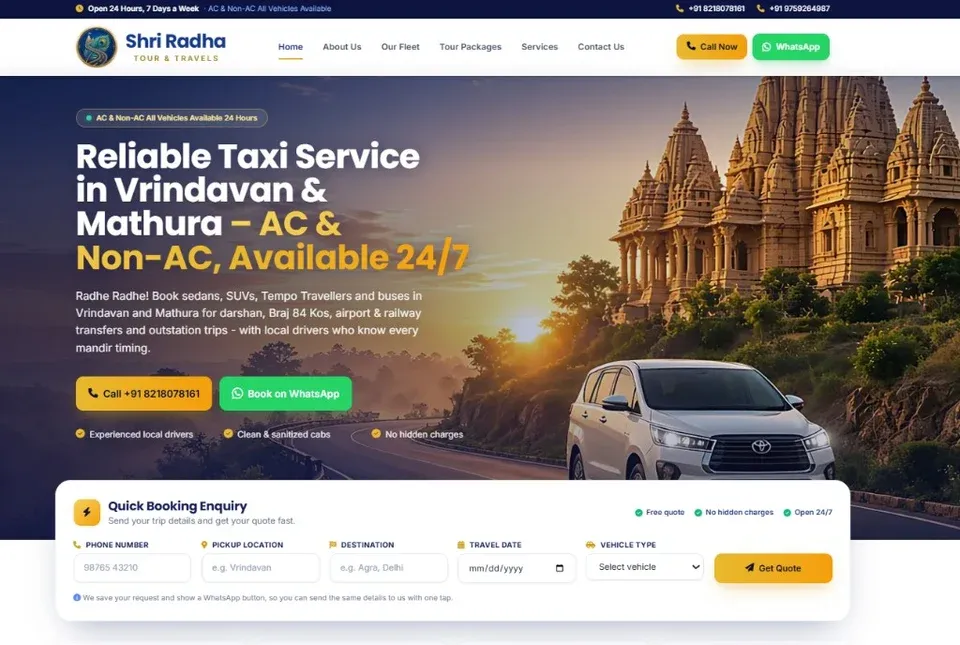 Shri Radha Tour and Travels homepage — taxi service in Vrindavan and Mathura, AC and non-AC vehicles